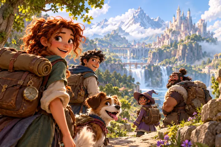 Plusieurs personnages de dessin animé expressifs voyageant ensemble à travers un paysage lumineux de livre d’histoires