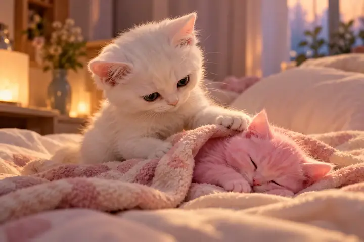 Un minuscule chat blanc prenant soin d’un chaton rose endormi sur un lit doucement éclairé