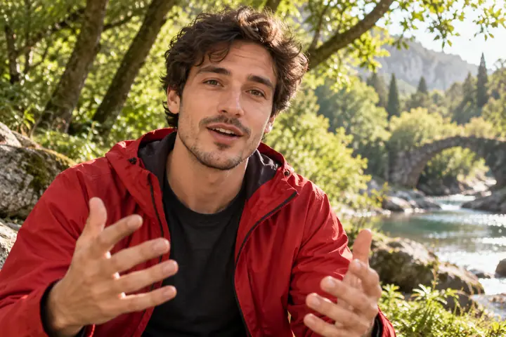Un jeune homme portant une veste rouge s’adressant à la caméra dans un cadre extérieur verdoyant