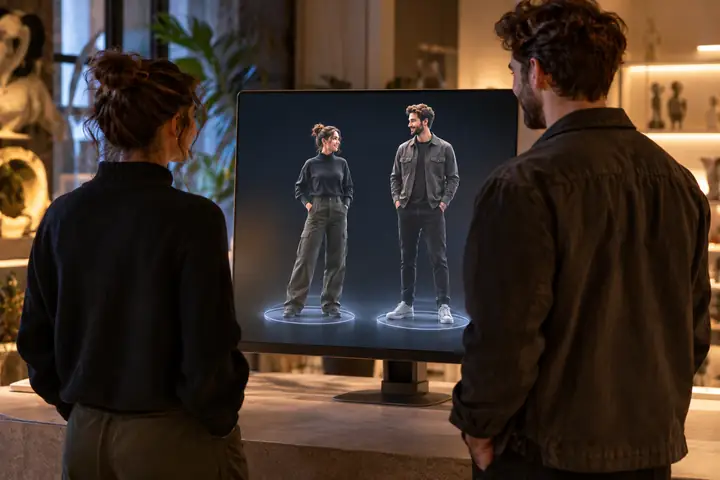 Deux personnes debout à côté d’un écran d’ordinateur affichant leur transformation en figures 3D