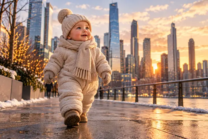 Un personnage de bébé emmitouflé marchant dans une ville moderne, avec une haute silhouette urbaine en arrière-plan