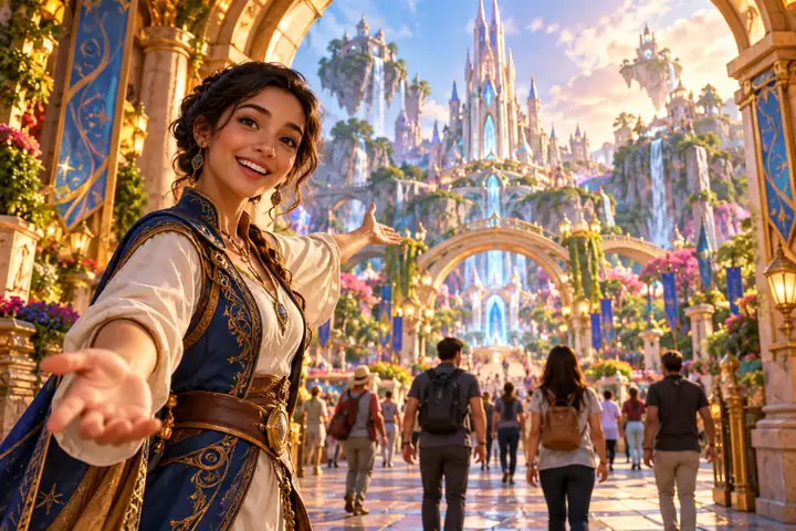 Un guide animé joyeux se tenant à l’entrée d’un grand parc fantastique coloré
