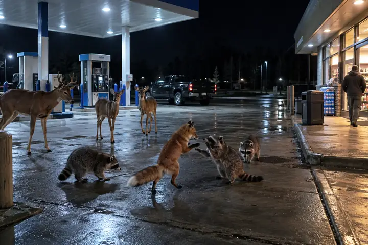 Une vue nocturne de caméra de sécurité montrant des animaux espiègles rassemblés devant une station-service tranquille
