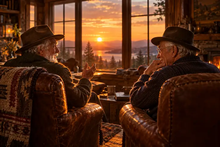 Deux amis âgés portant des chapeaux, assis ensemble et discutant dans une pièce rustique au coucher du soleil