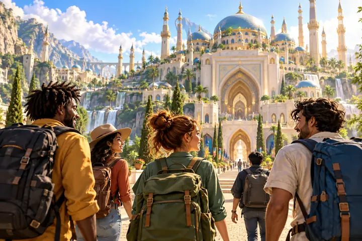 Un groupe de voyageurs de dessin animé colorés arrivant devant un monument majestueux en plein jour