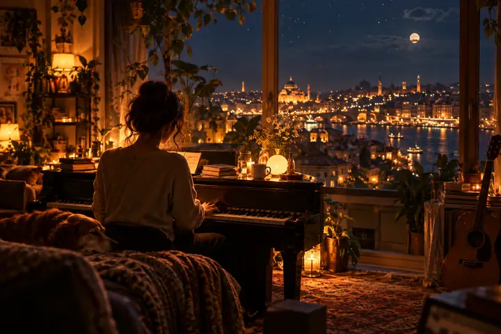 Une scène cinématographique nocturne devant une fenêtre, avec des lumières chaleureuses et une ambiance musicale onirique