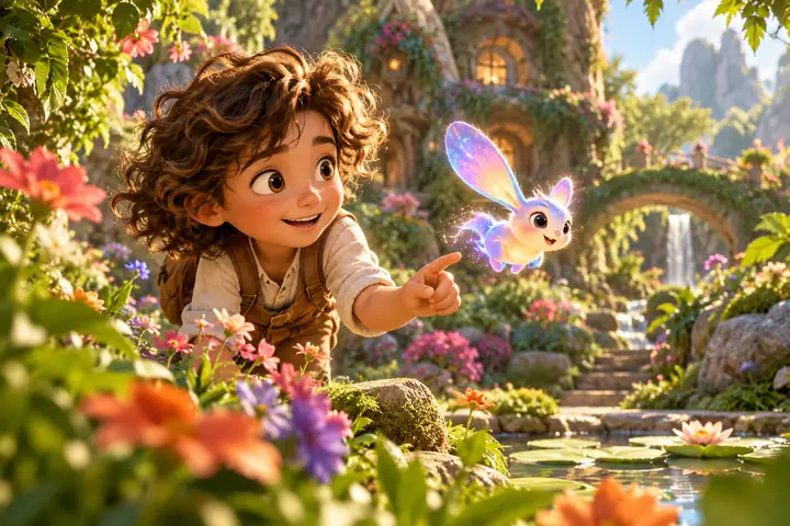 Un enfant animé curieux explorant un jardin coloré dans le style raffiné d’un film familial