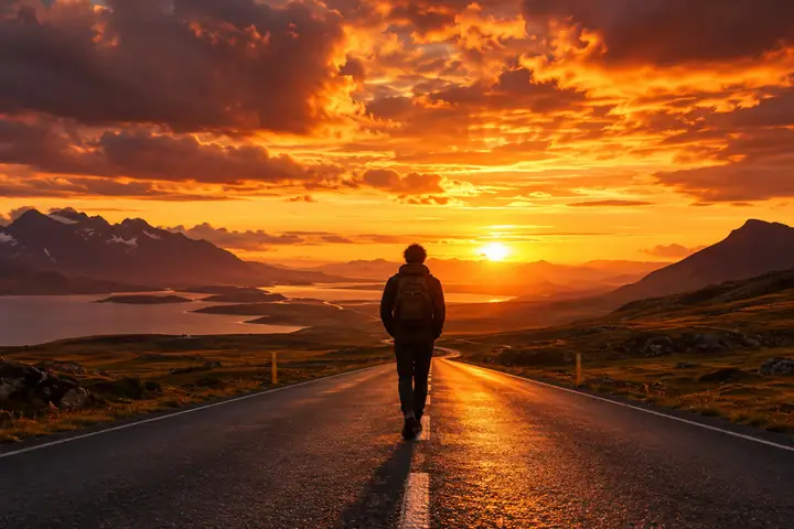 Une silhouette solitaire marchant sur une route dégagée au coucher du soleil, sous d’impressionnants nuages orange