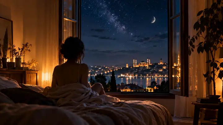 Une fenêtre de chambre lumineuse s’ouvrant sur une nuit étoilée, avec l’ambiance d’un clip musical cinématographique