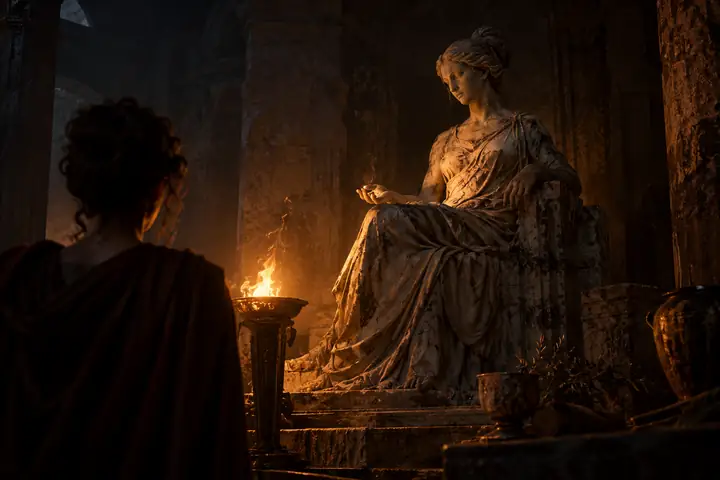 Une statue classique patinée, éclairée par une seule flamme chaleureuse dans une pièce sombre et mystérieuse
