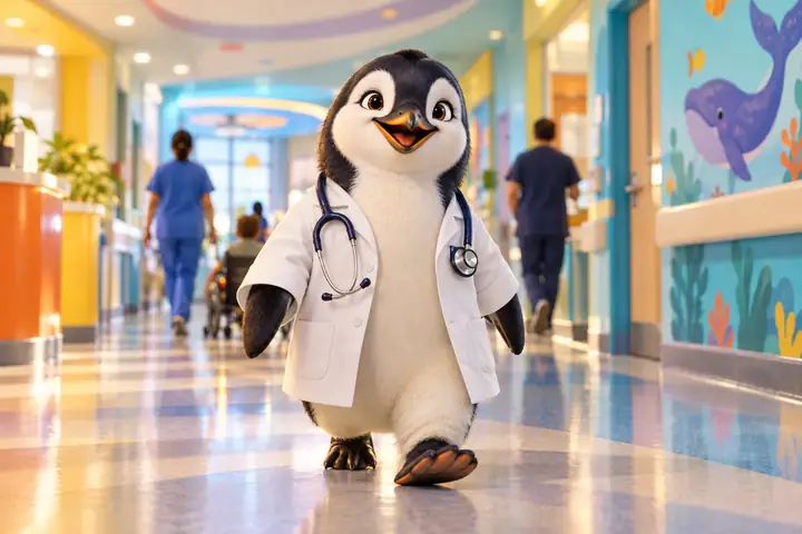 Un pingouin sympathique habillé en médecin traversant le couloir coloré d’un hôpital