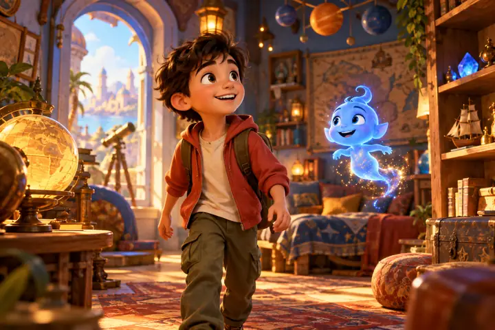 Un enfant animé joyeux explorant une pièce colorée dans le style raffiné d’une aventure familiale