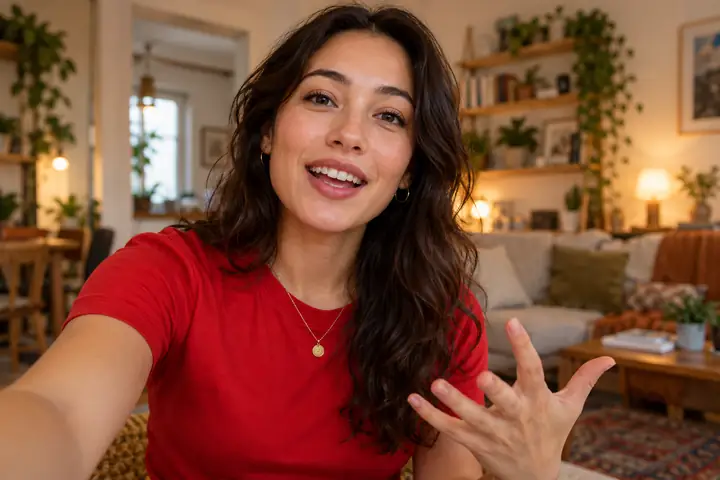 Un jeune créateur portant un t-shirt rouge s’adressant directement à la caméra d’un téléphone dans un intérieur chaleureux